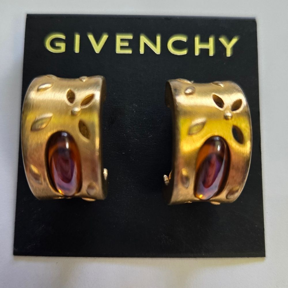 🐢 Givenchy Satin Gold And Amber Half Loop Clip On Earrings